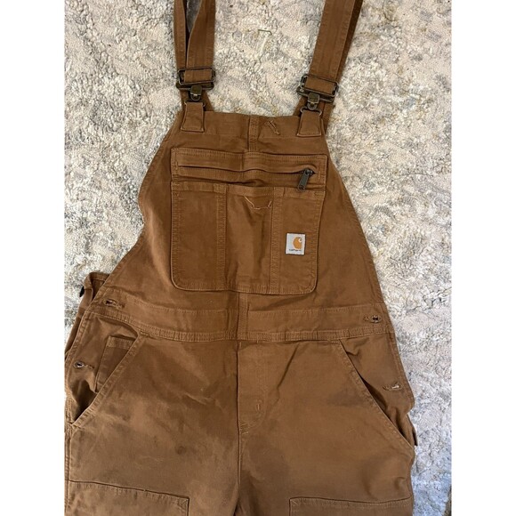 Carhartt Rugged Flex Canvas Bib Overalls Women Tan Loose Fit Bootcut Sz S 4-6 - Picture 2 of 8